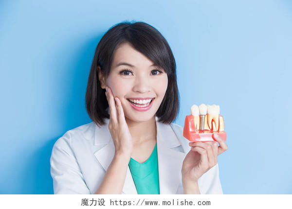 与女牙医植牙模型在蓝色背景上牙齿种植